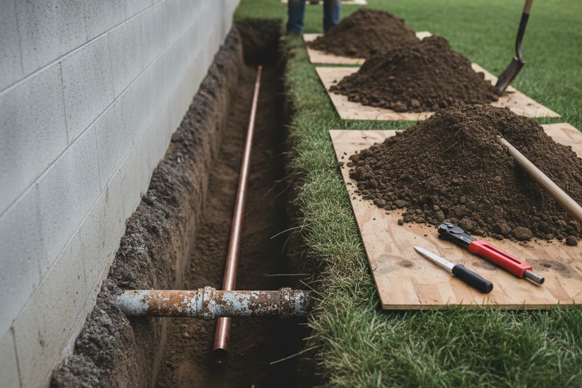Excavated water line trench during Water Heater Repair in Advance